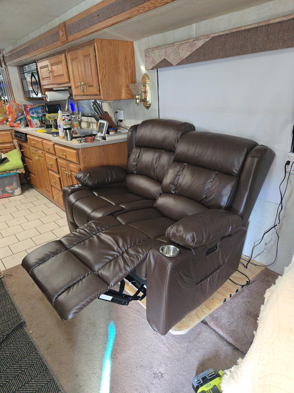 RV Loveseat Recliner Sofa, Wall Hugger Reclining Loveseat RV Couch with USB Ports, Cup Holders, Pockets, 150° Adjustable RV Furniture Velvet Fabric Recliners for Travel & Home Theater Seating customer photo 1