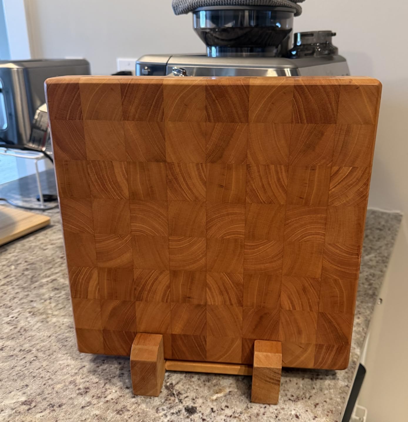 SHUMARU Mahogany End Grain Cutting Board 12.6×12.6×2 in with Holder – Handmade Checkered Butcher Block, Knife-Friendly, Non-Slip Feet, Ergonomic Handles customer photo 2