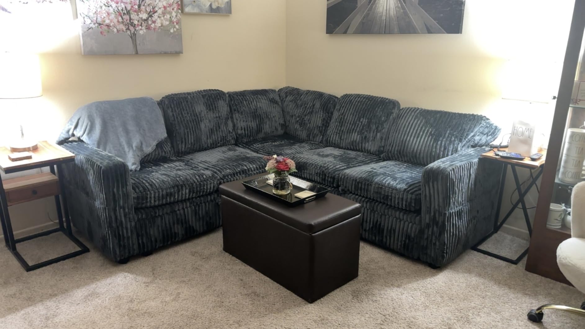 HONBAY Corduroy L Shaped Sectional Sleeper Sofa with Pull Out Bed,Green customer photo 1